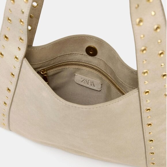 Zara Split Suede Studded Shoulder Bag NWOT Tan/brown - Picture 4 of 7